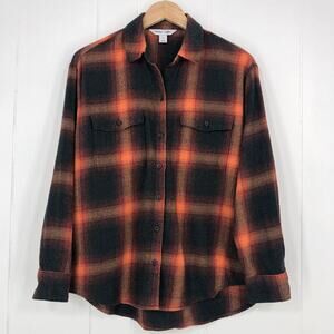 Old Navy Boyfriend Shirt Flannel Swiftie Evermore Size Medium Orange Black Plaid
